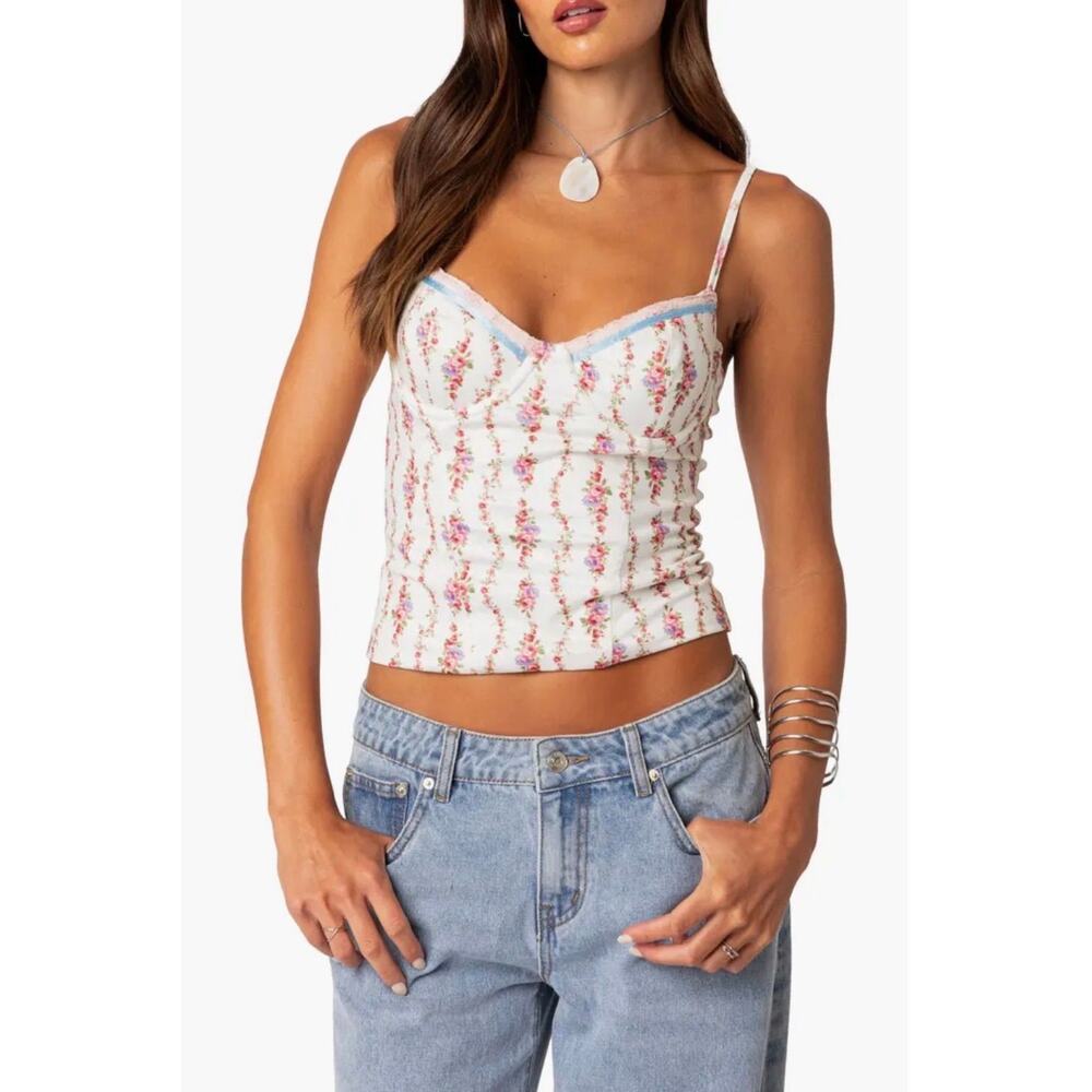 Edikted Indira Floral Lace-Up Corset Camisole $63 retail